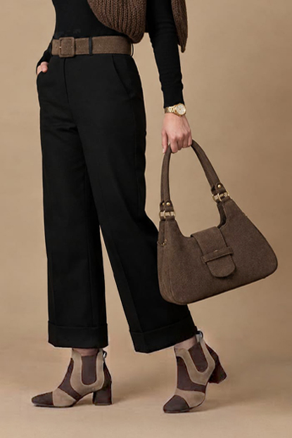 Dress ankle boots side elastics in chocolate brown and tan beige leather with low flare heels and round toe - Worn view